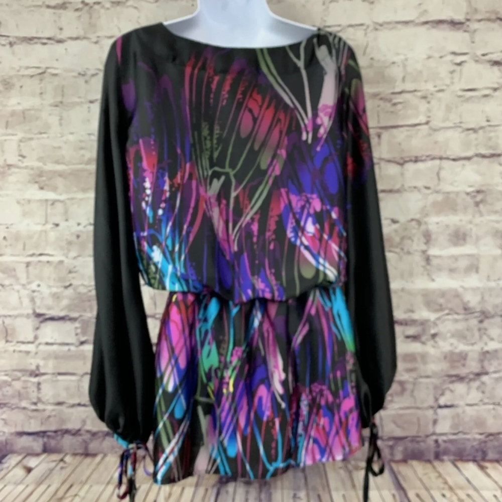Bisou Bisou Silky Multi Color Abstract Print Blouse Size